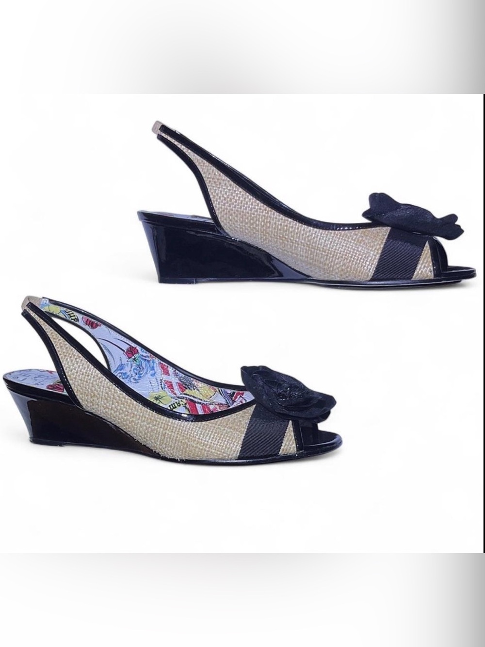 Beverly Feldman Black and Natural Slingback Peep-Toe Wedge with Bow